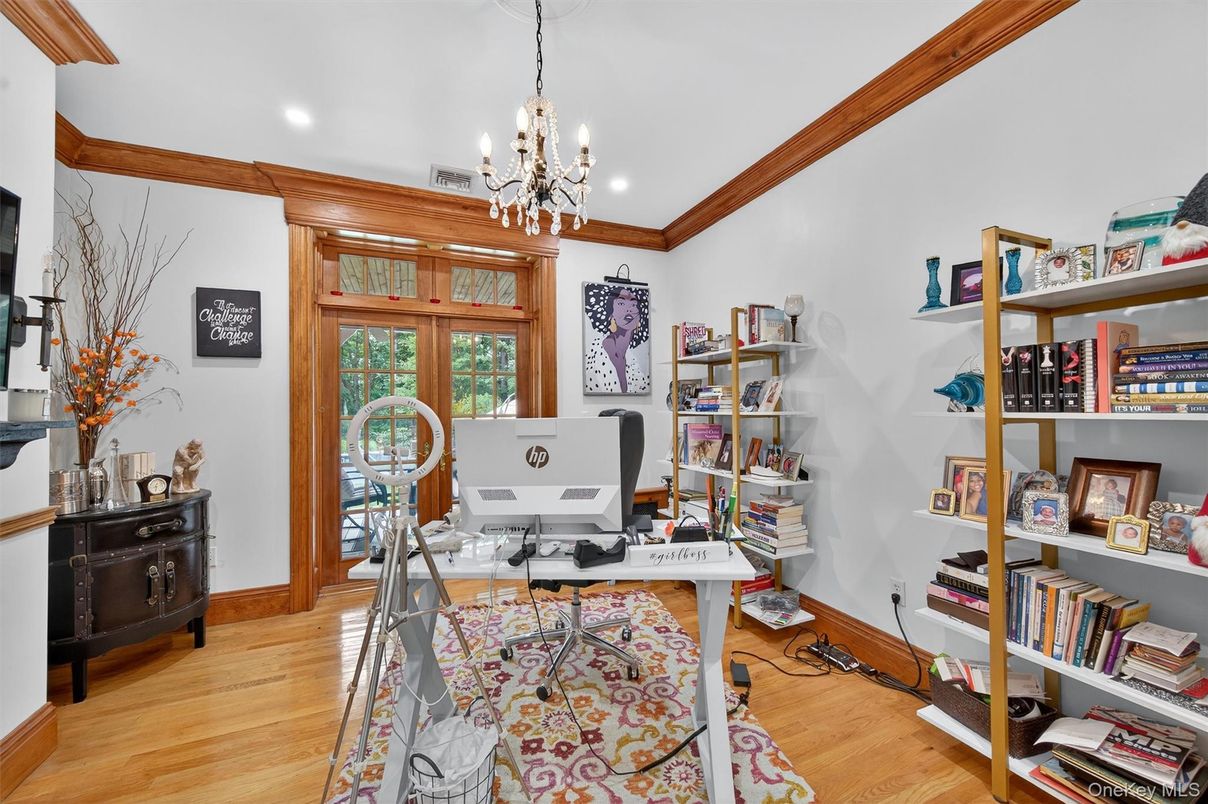 Chandelier, Home Office, Interior, Recessed Lighting, Wood Texture Flooring