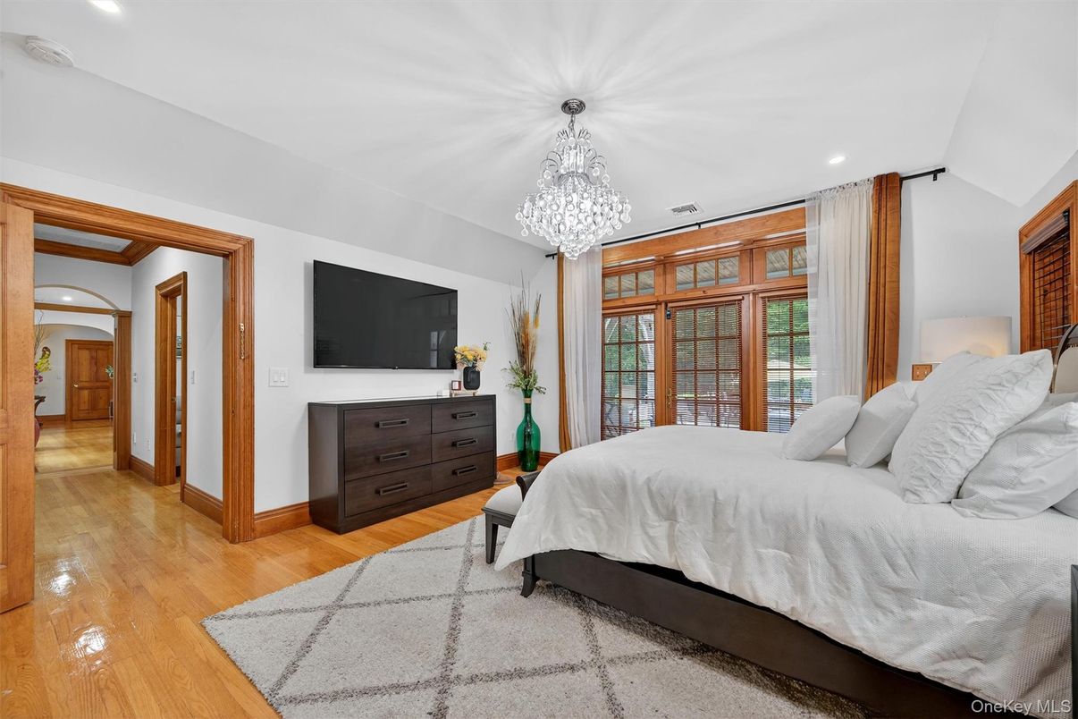 Bedroom, Chandelier, Interior, Recessed Lighting, Wood Texture Flooring