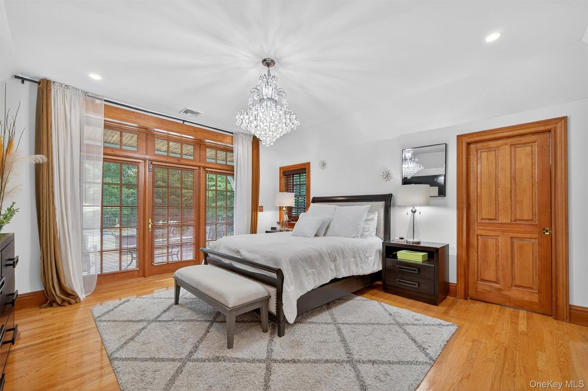 Bedroom, Chandelier, Interior, Recessed Lighting, Wood Texture Flooring