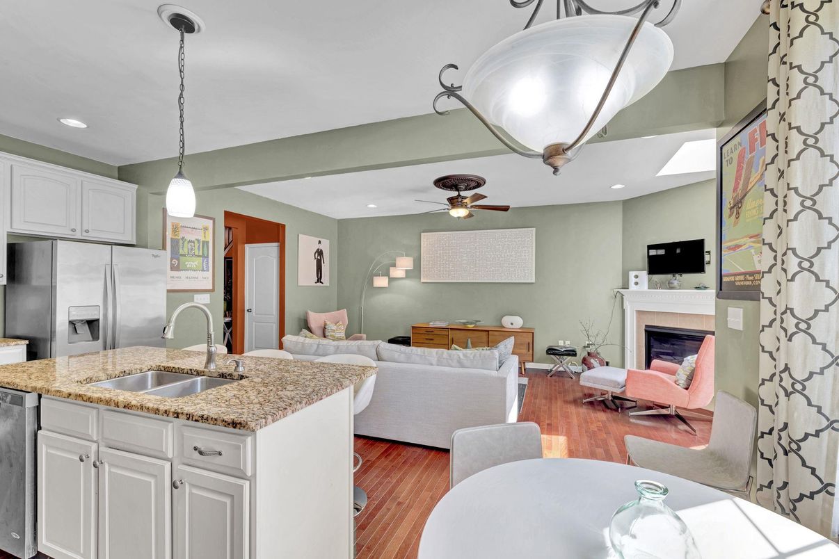 Fireplace, Interior, Kitchen, Living room, Pendant Lights, Recessed Lighting, Wood Texture Flooring