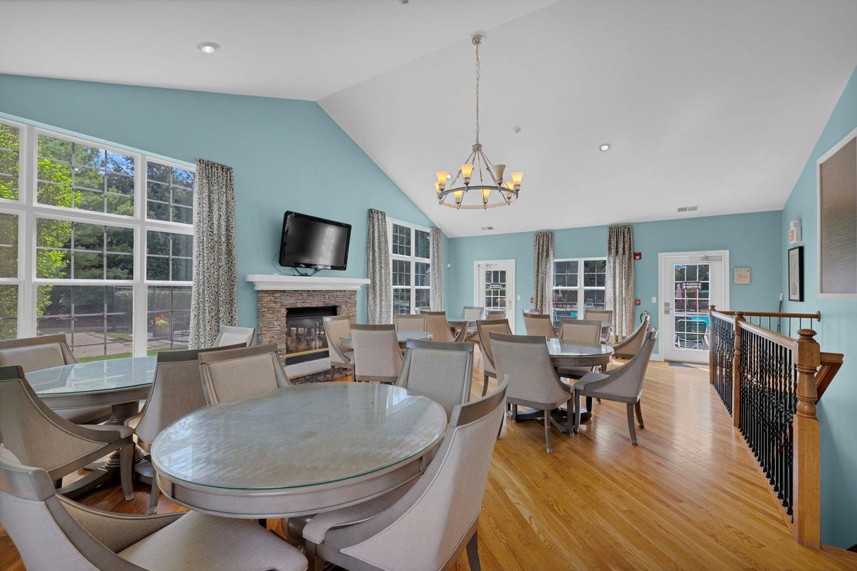 Chandelier, Dining room, Fireplace, Interior, Recessed Lighting, Wood Texture Flooring
