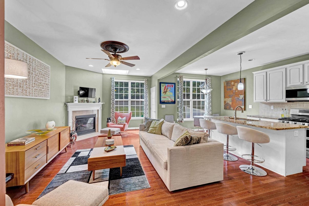 Dining room, Fireplace, Interior, Kitchen, Living room, Pendant Lights, Recessed Lighting, Wood Texture Flooring