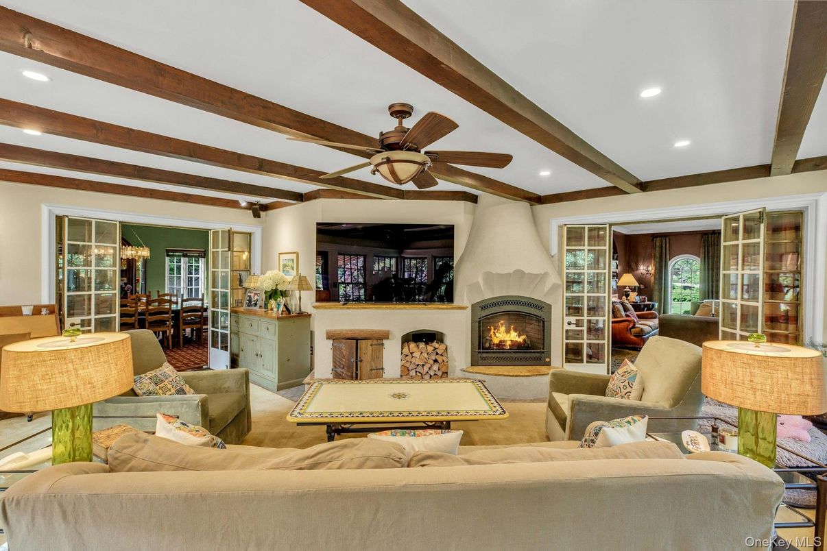 Fireplace, Interior, Living room, Recessed Lighting, Wooden Beams