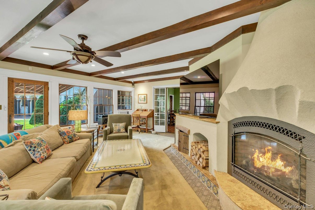Fireplace, Interior, Living room, Recessed Lighting, Wooden Beams