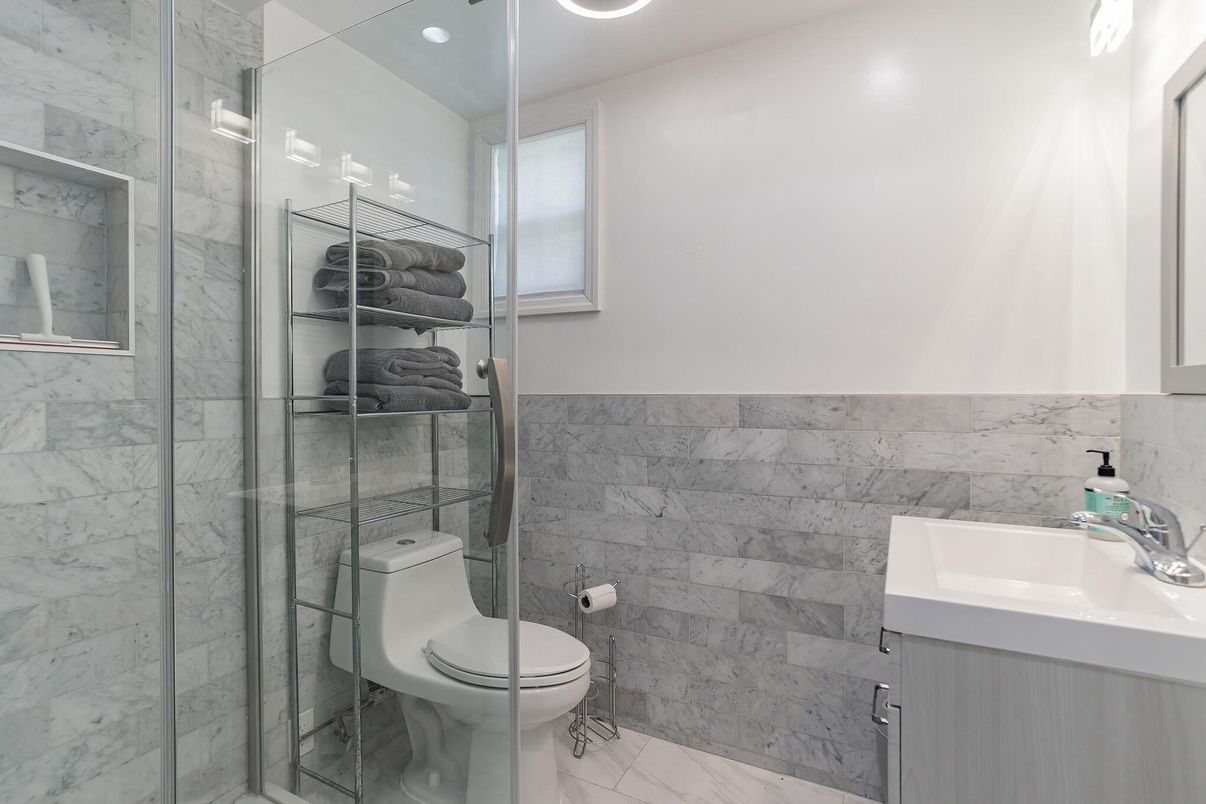 Bathroom, Glass Shower, Interior, Marble, Marble Walls, Recessed Lighting