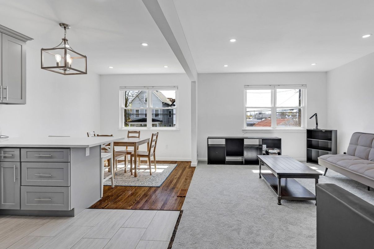 Dining room, Fireplace, Interior, Living room, Pendant Lights, Recessed Lighting, Wood Texture Flooring