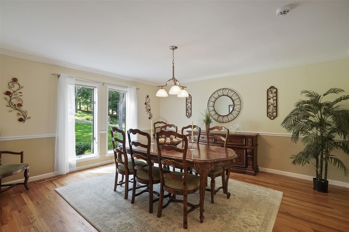Dining room, Interior, Pendant Lights, Wood Texture Flooring