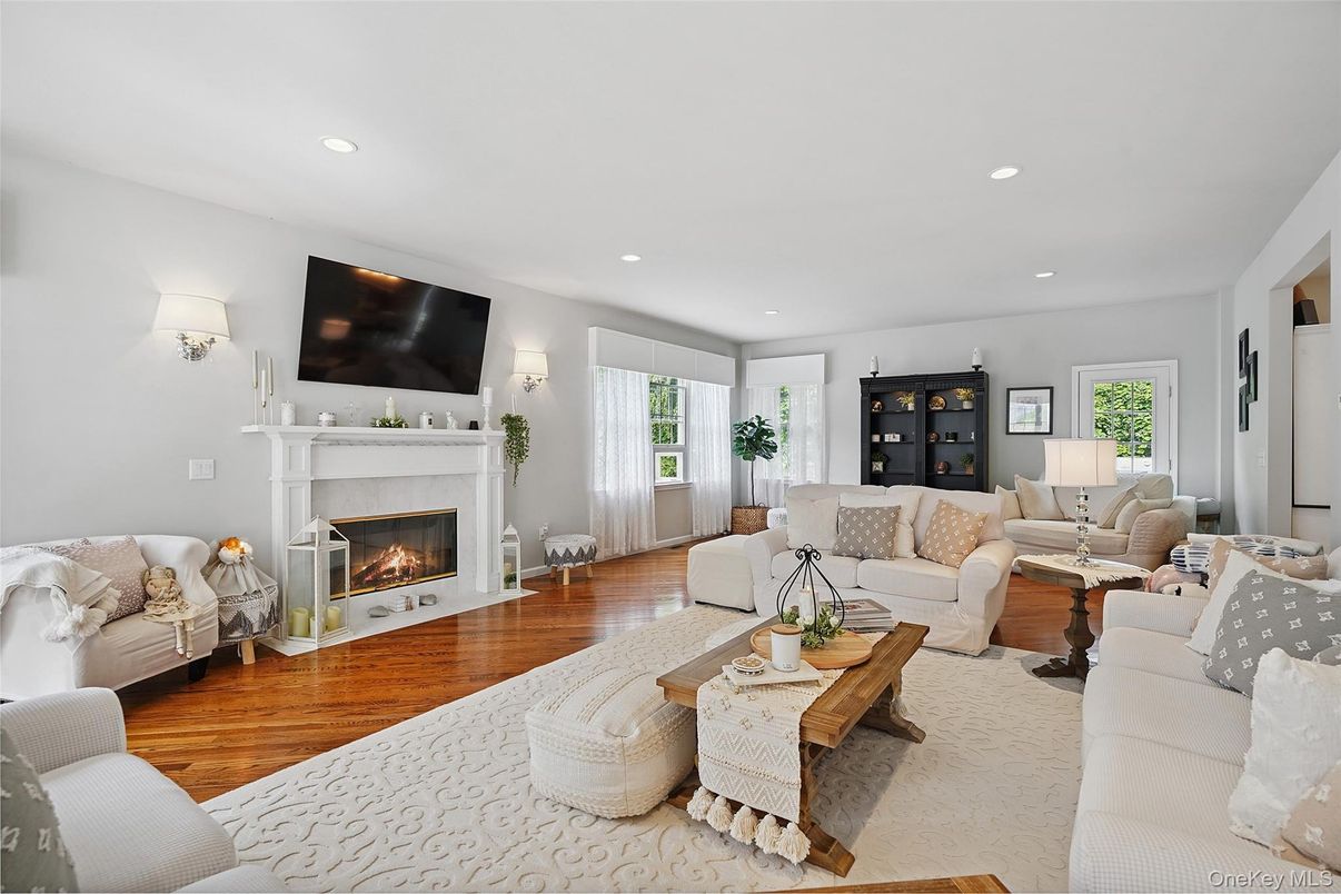 Fireplace, Interior, Living room, Recessed Lighting, Wood Texture Flooring