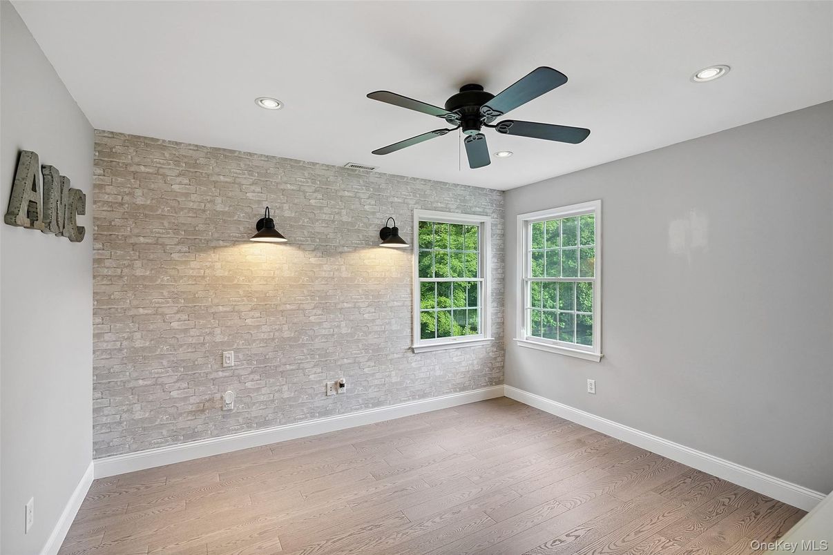Empty room, Interior, Recessed Lighting, Stone Walls, Wood Texture Flooring