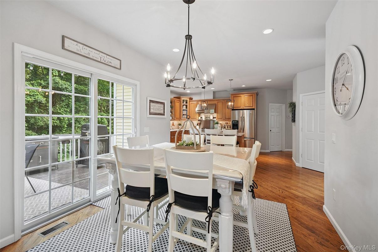 Dining room, Interior, Kitchen, Pendant Lights, Recessed Lighting, Stainless Steel Appliances, Wood Texture Flooring
