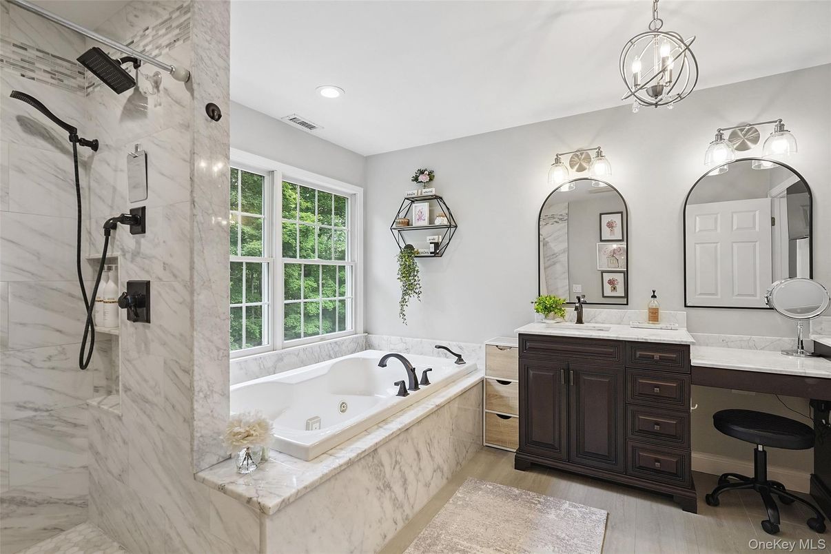 Bathroom, Interior, Marble Walls, Pendant Lights, Recessed Lighting, Wood Texture Flooring