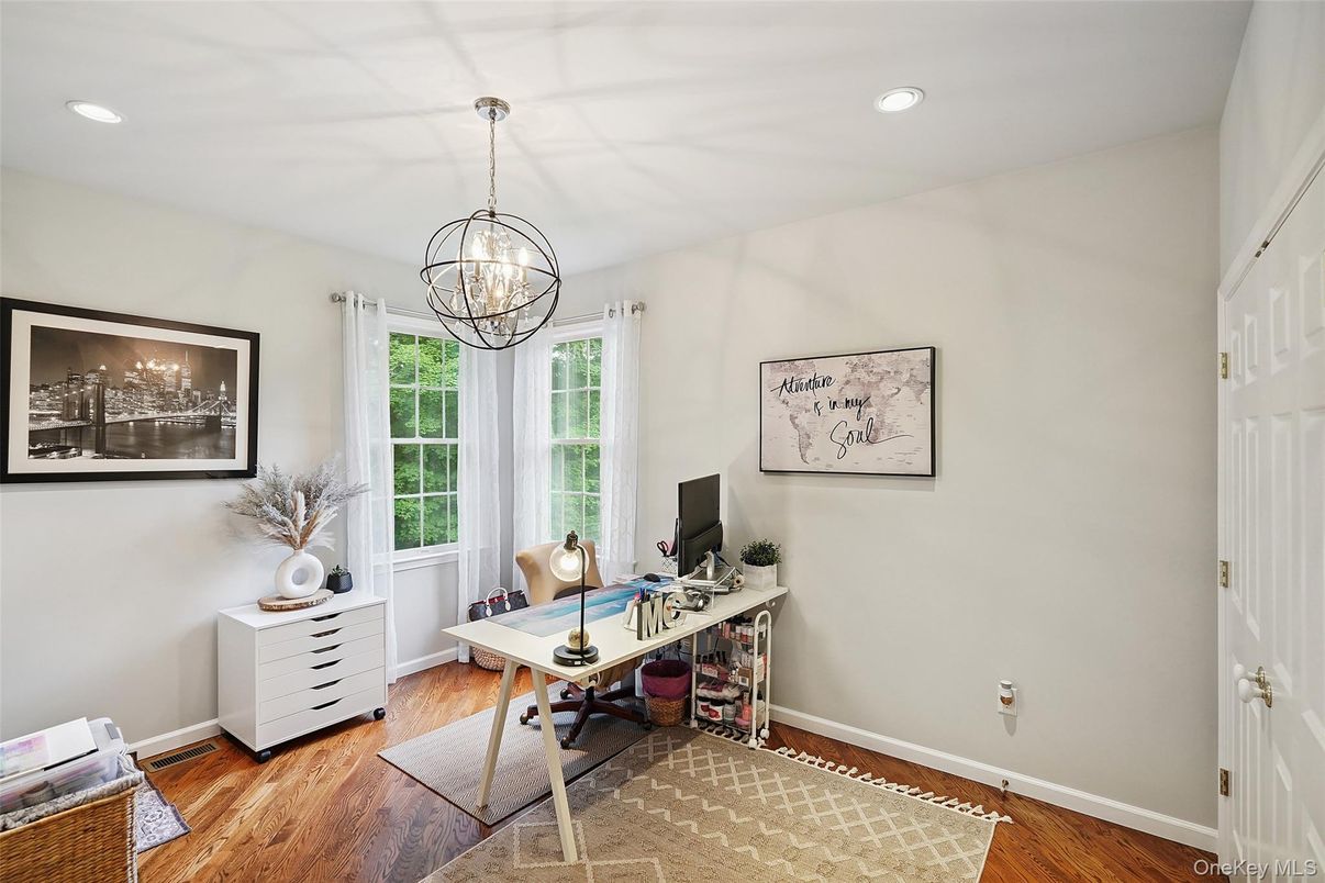 Chandelier, Home Office, Interior, Pendant Lights, Recessed Lighting, Wood Texture Flooring