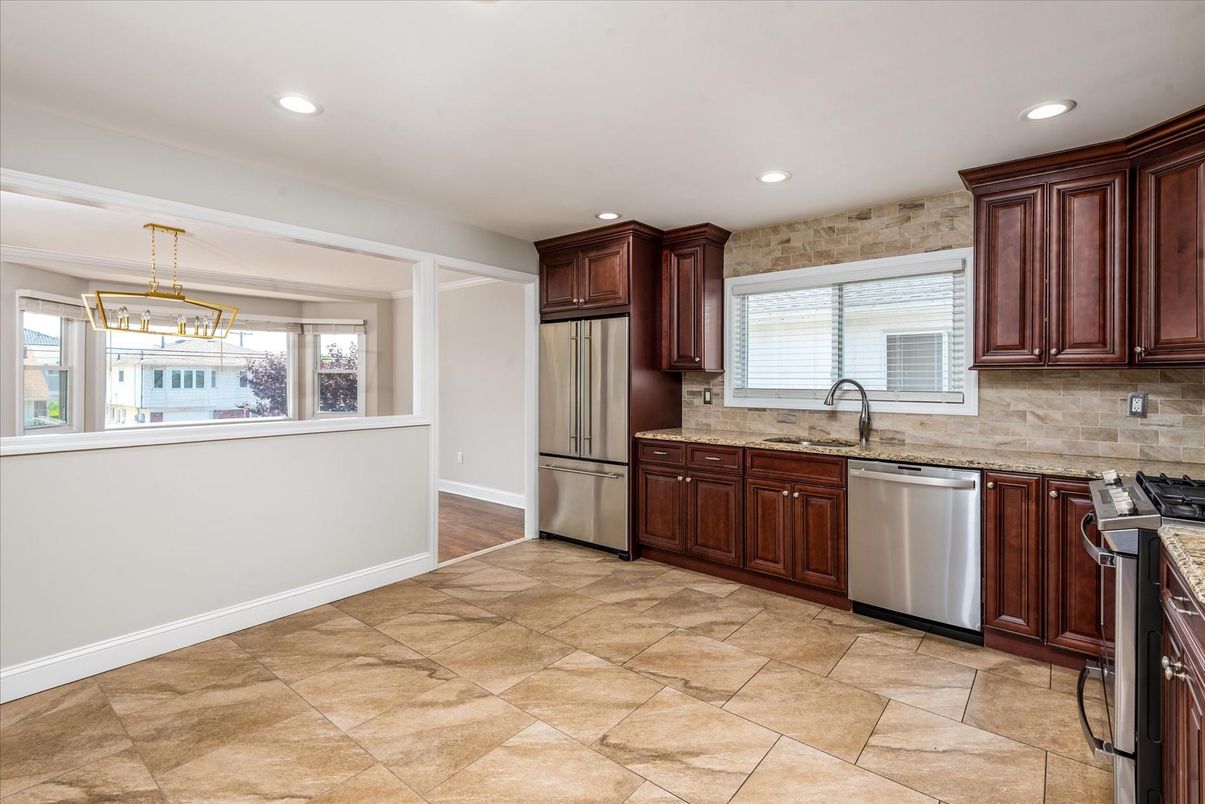 Interior, Kitchen, Recessed Lighting, Stainless Steel Appliances, Stone Walls