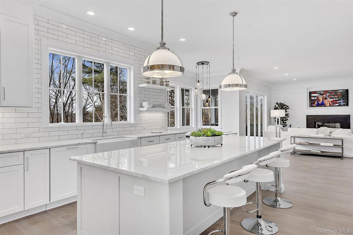 Fireplace, Interior, Kitchen, Living room, Pendant Lights, Recessed Lighting, Wood Texture Flooring
