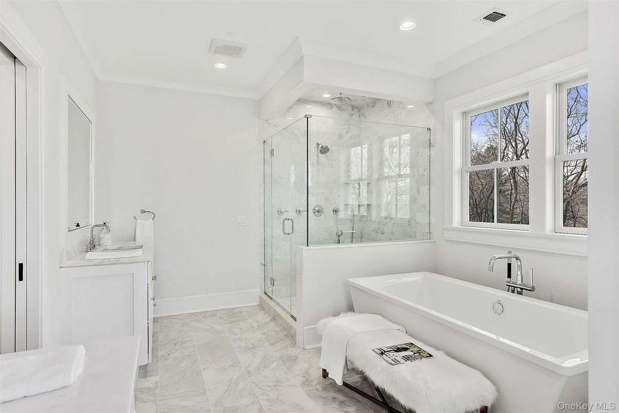 Bathroom, Glass Shower, Interior, Marble, Marble Walls, Recessed Lighting