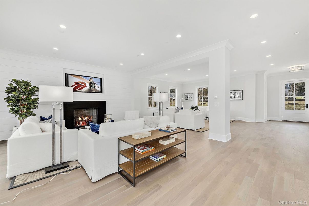 Fireplace, Interior, Living room, Recessed Lighting, Wood Texture Flooring