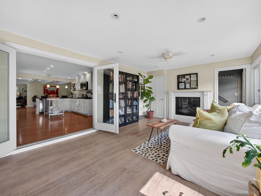 Fireplace, Interior, Kitchen, Living room, Recessed Lighting, Wood Texture Flooring