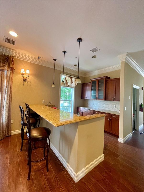 Interior, Kitchen, Pendant Lights, Recessed Lighting, Wood Texture Flooring
