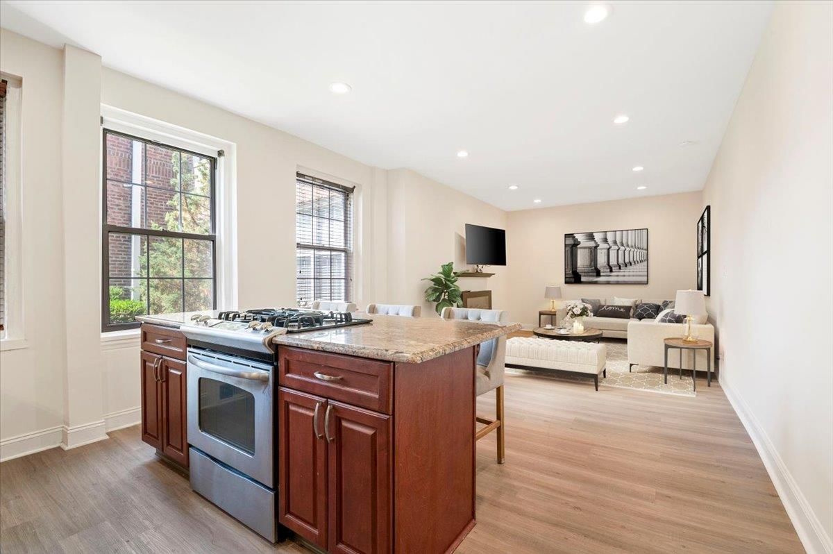 Interior, Kitchen, Living room, Recessed Lighting, Stainless Steel Appliances, Wood Texture Flooring