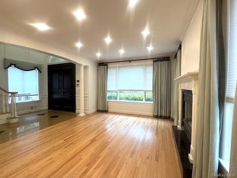 Empty room, Fireplace, Interior, Recessed Lighting, Wood Texture Flooring