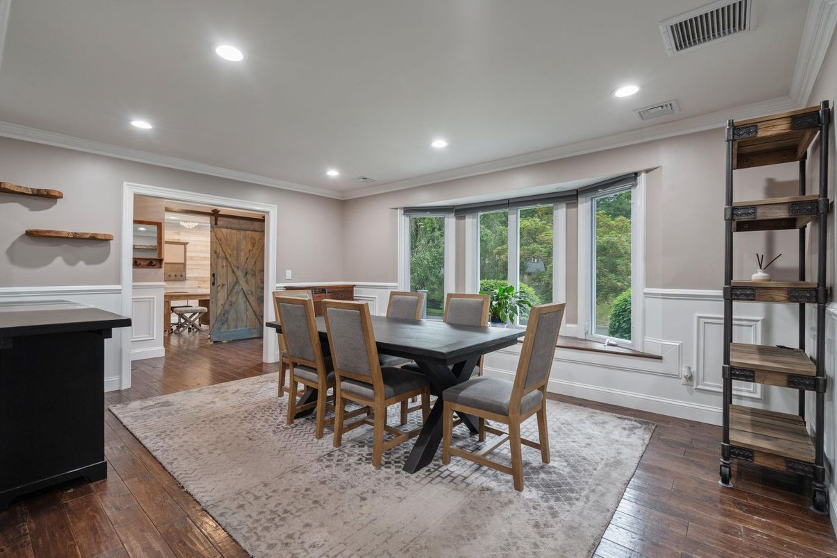 Dining room, Interior, Recessed Lighting, Wood Texture Flooring