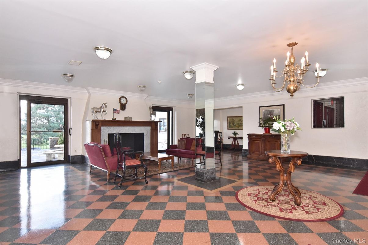 Chandelier, Fireplace, Interior, Living room
