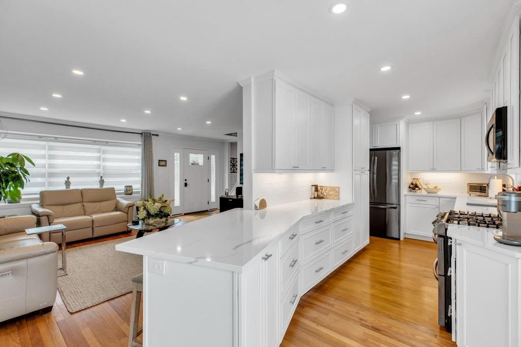 Interior, Kitchen, Living room, Recessed Lighting, Stainless Steel Appliances, Wood Texture Flooring
