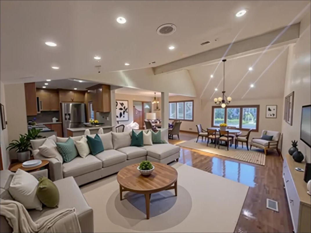 Chandelier, Dining room, Interior, Kitchen, Living room, Pendant Lights, Recessed Lighting, Stainless Steel Appliances, Wood Texture Flooring