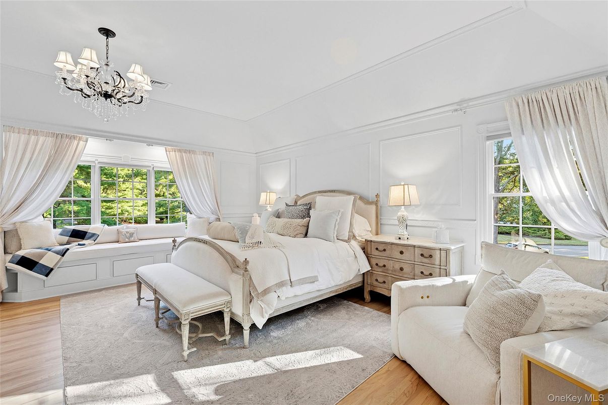 Bedroom, Chandelier, Interior, Wood Texture Flooring