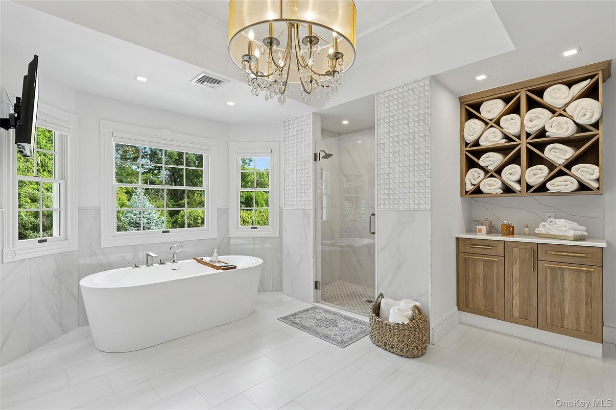 Bathroom, Chandelier, Free Standing Baths, Glass Shower, Interior, Marble Walls, Recessed Lighting