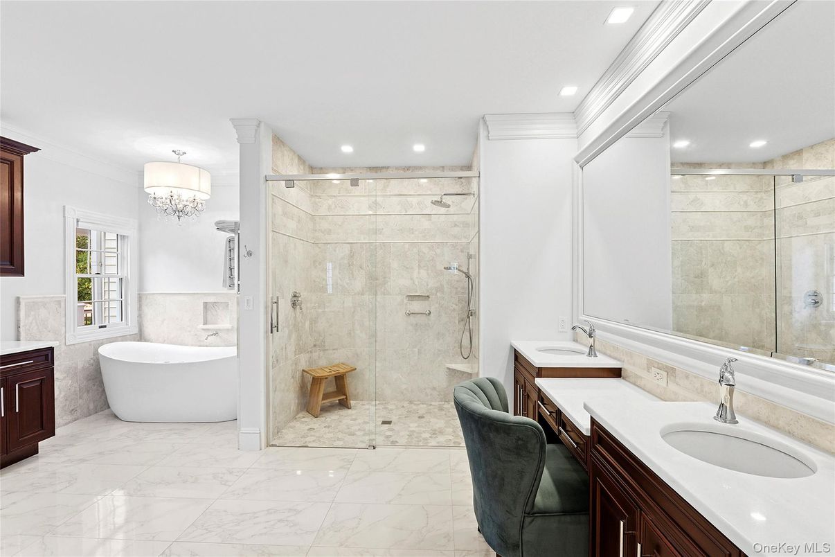 Bathroom, Chandelier, Dual Sink Vanities, Free Standing Baths, Glass Shower, Interior, Marble, Recessed Lighting