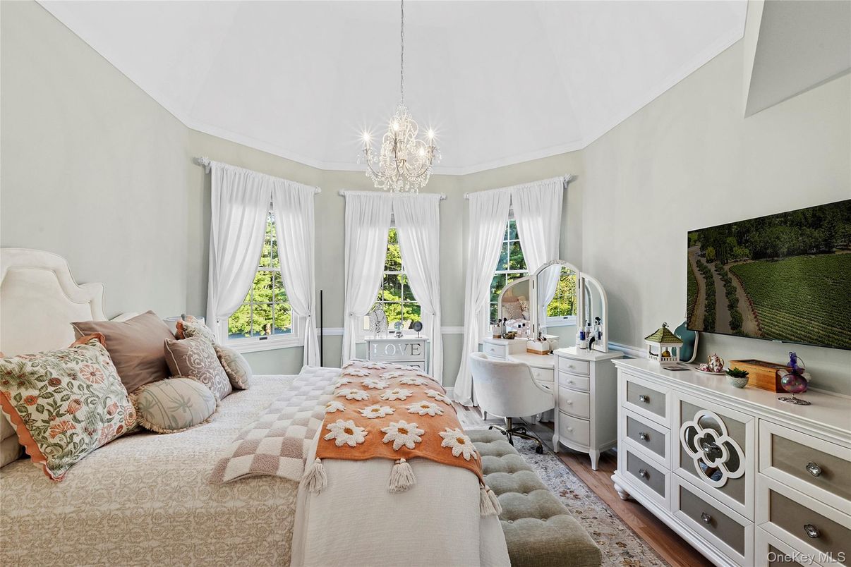 Bedroom, Chandelier, Home Office, Interior, Wood Texture Flooring