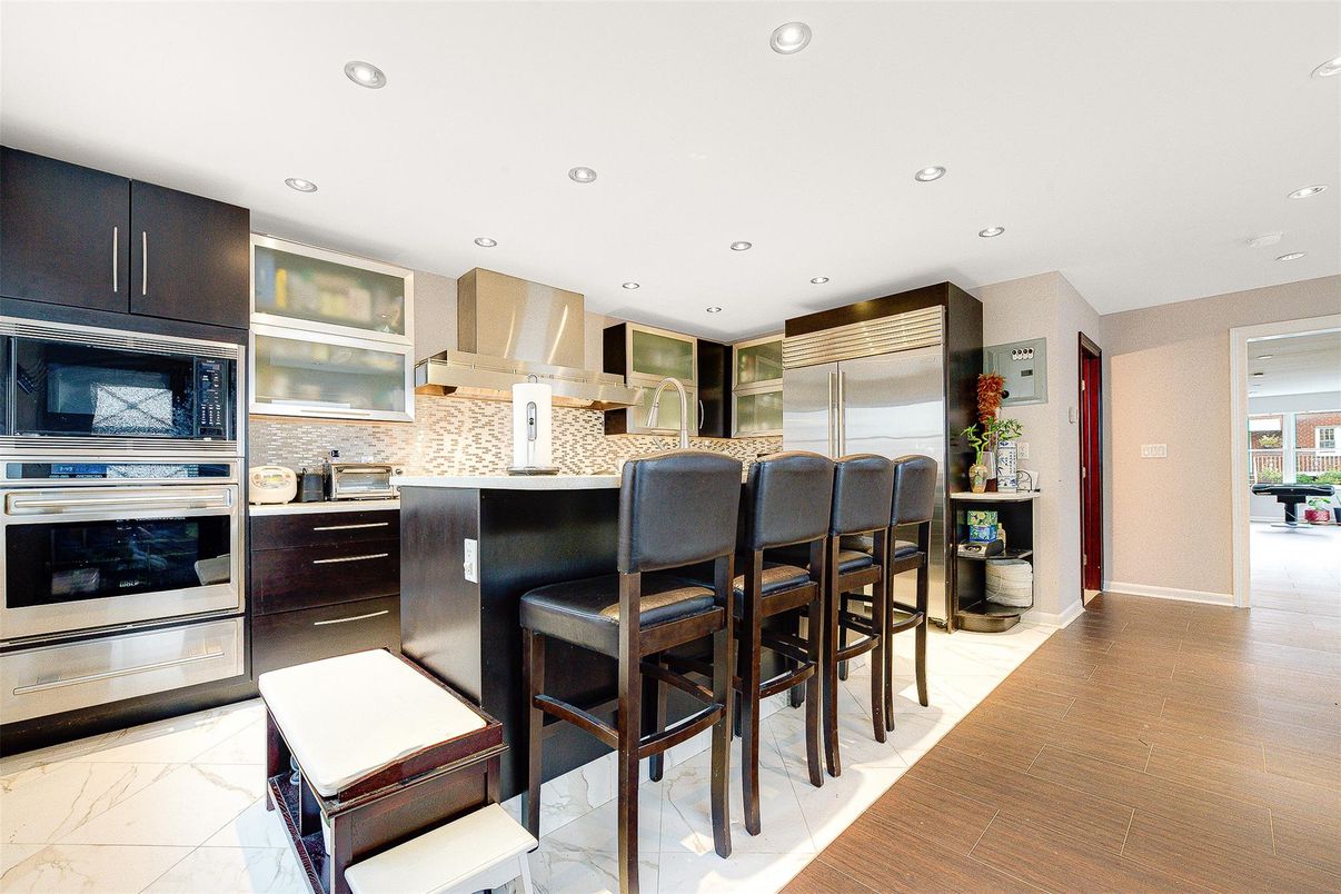 Interior, Kitchen, Marble, Recessed Lighting, Stainless Steel Appliances, Wood Texture Flooring