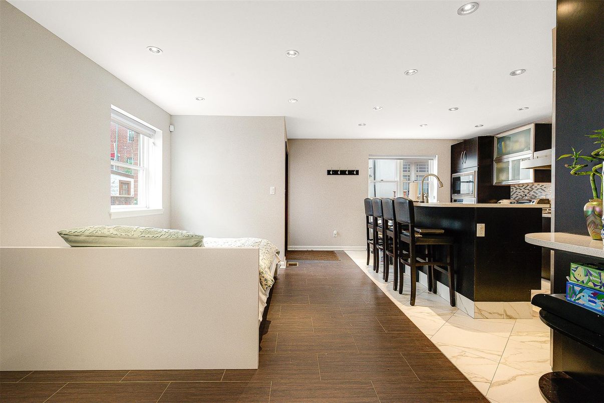 Interior, Kitchen, Marble, Recessed Lighting, Wood Texture Flooring