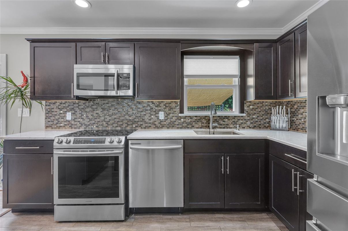 Interior, Kitchen, Recessed Lighting, Stainless Steel Appliances, Wood Texture Flooring