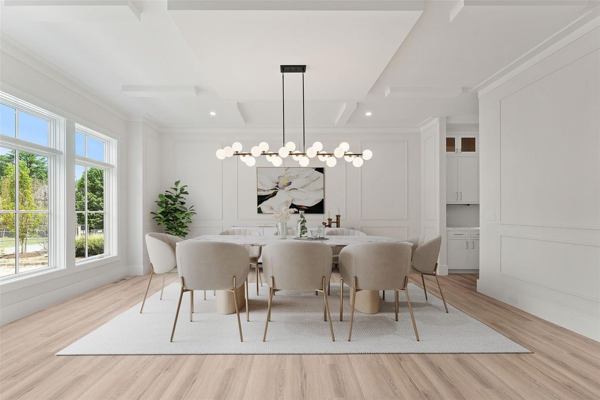 Dining room, Interior, Pendant Lights, Recessed Lighting, Wood Texture Flooring
