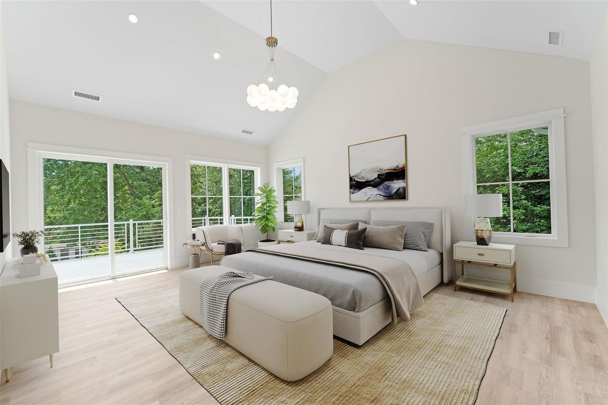 Bedroom, Chandelier, Interior, Pendant Lights, Recessed Lighting, Wood Texture Flooring
