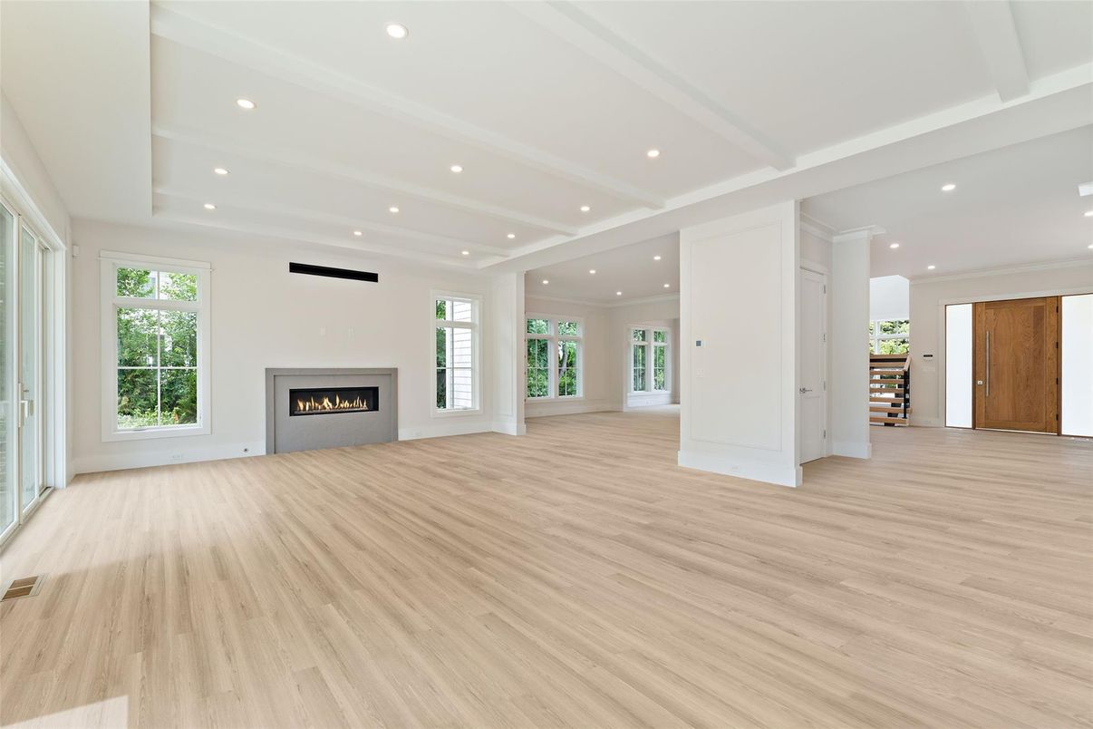 Empty room, Fireplace, Interior, Recessed Lighting, Wood Texture Flooring