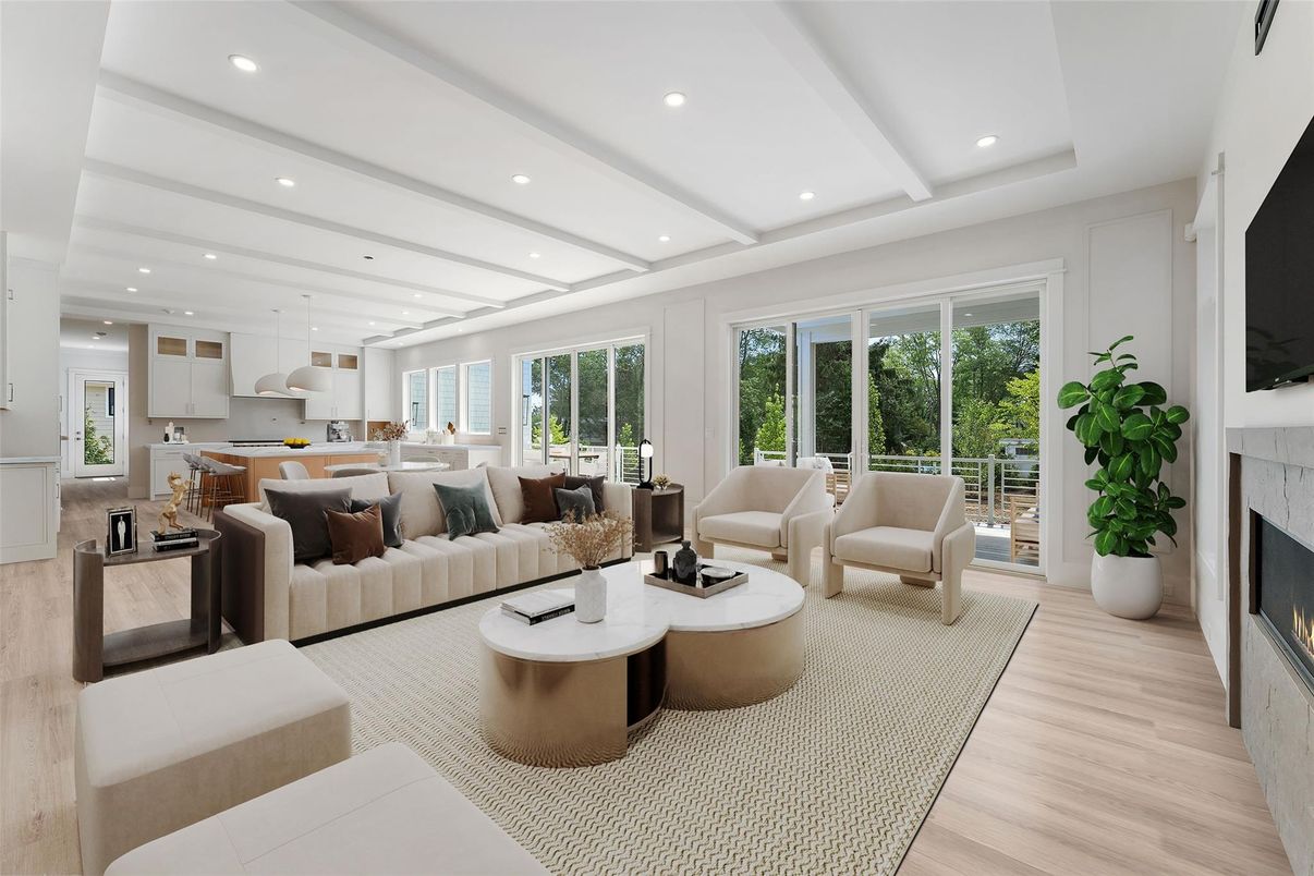 Fireplace, Interior, Kitchen, Living room, Pendant Lights, Recessed Lighting, Wood Texture Flooring
