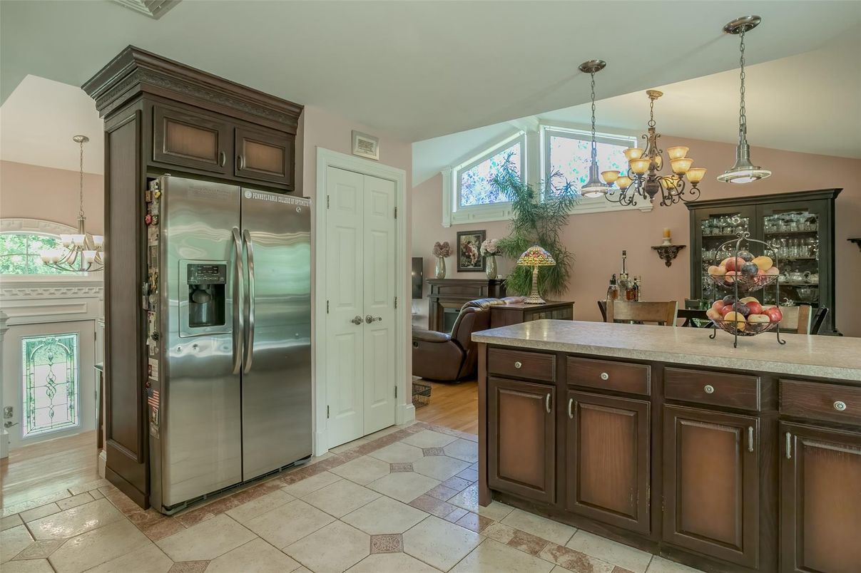 Chandelier, Interior, Kitchen, Pendant Lights, Stainless Steel Appliances, Wood Texture Flooring