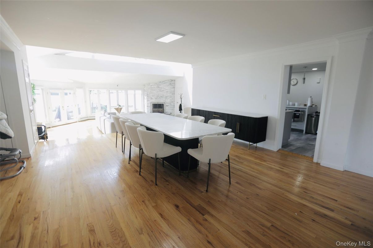 Dining room, Fireplace, Interior, Wood Texture Flooring
