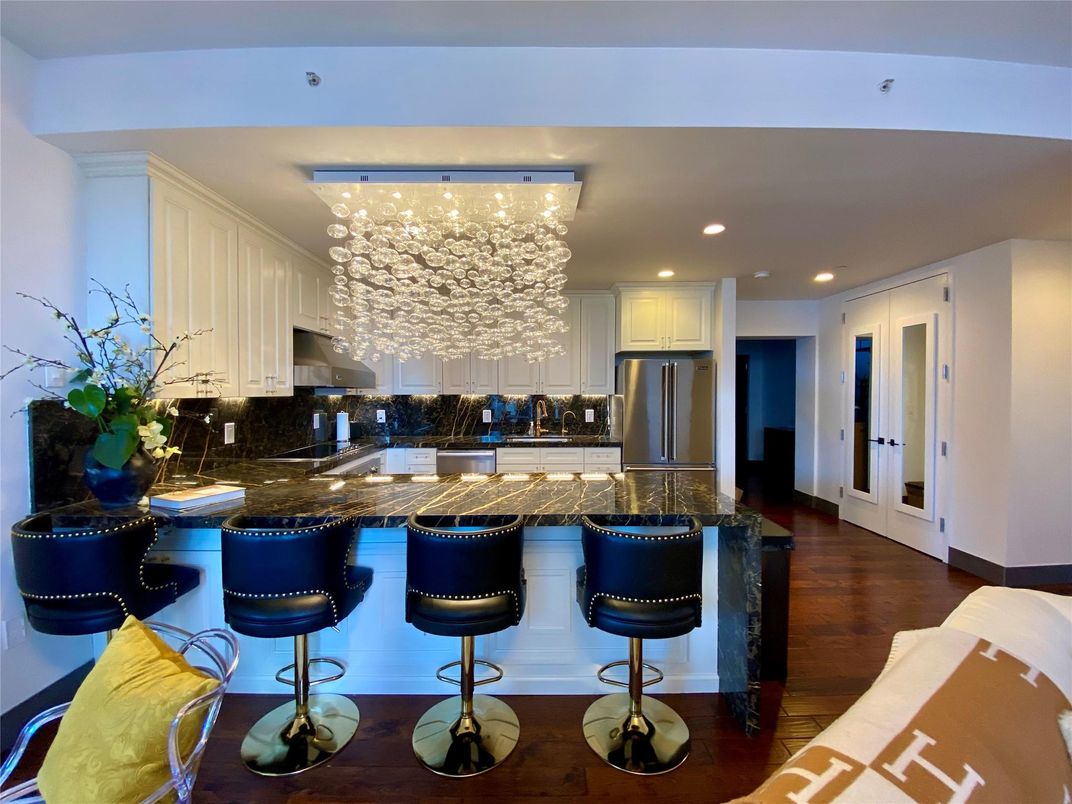 Chandelier, Interior, Kitchen, Recessed Lighting, Stainless Steel Appliances, Wood Texture Flooring