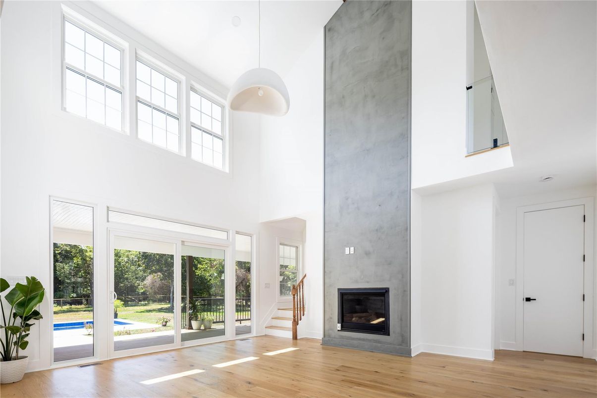 Fireplace, Interior, Pendant Lights, Wood Texture Flooring