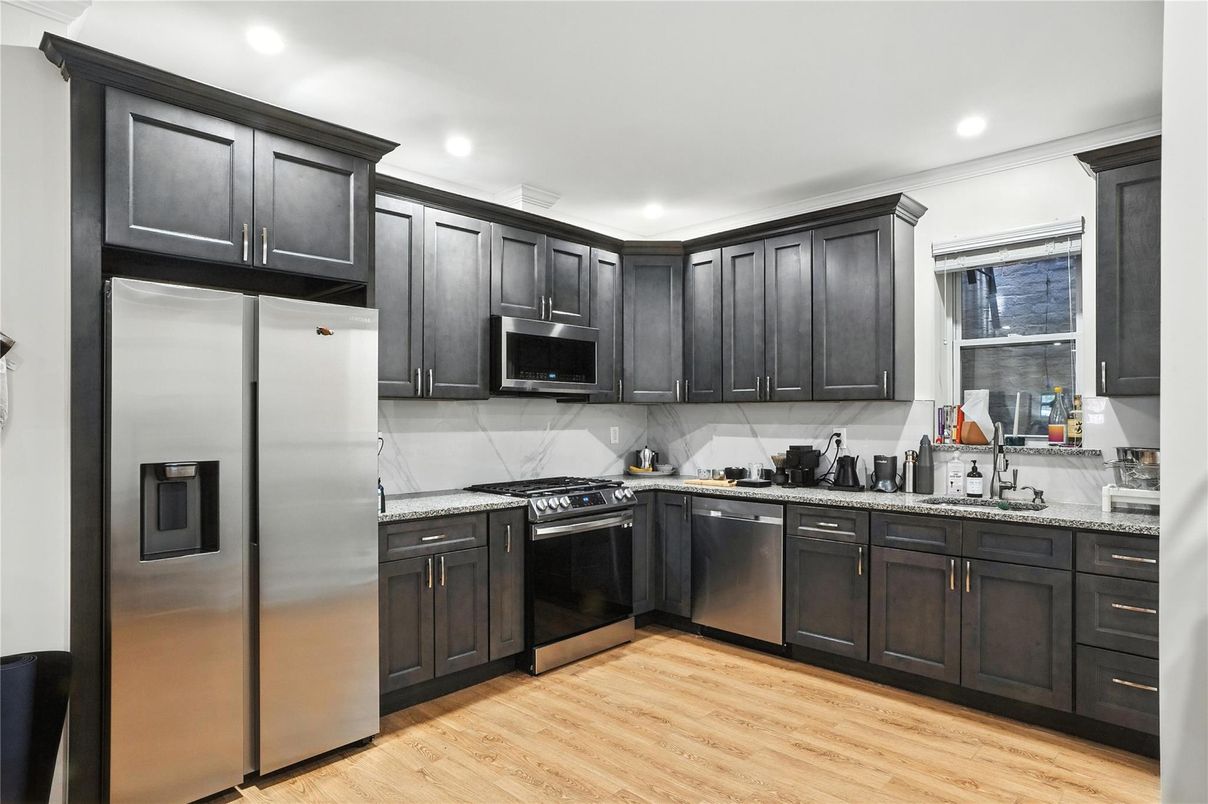 Interior, Kitchen, Recessed Lighting, Stainless Steel Appliances, Wood Texture Flooring