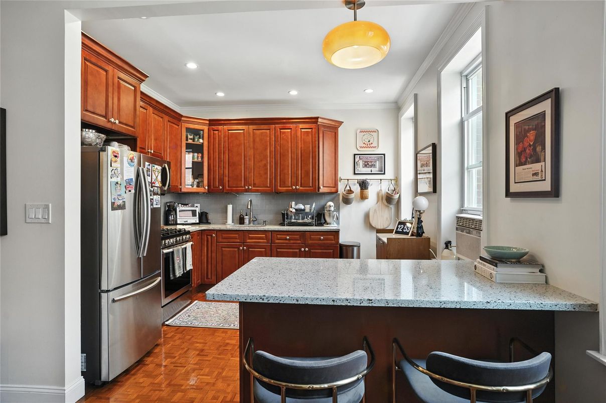 Interior, Kitchen, Recessed Lighting, Stainless Steel Appliances, Wood Texture Flooring