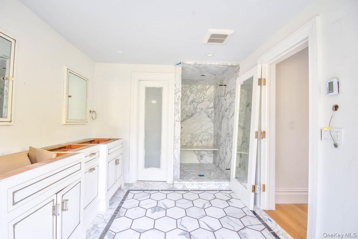 Bathroom, Glass Shower, Interior, Marble, Marble Walls, Recessed Lighting