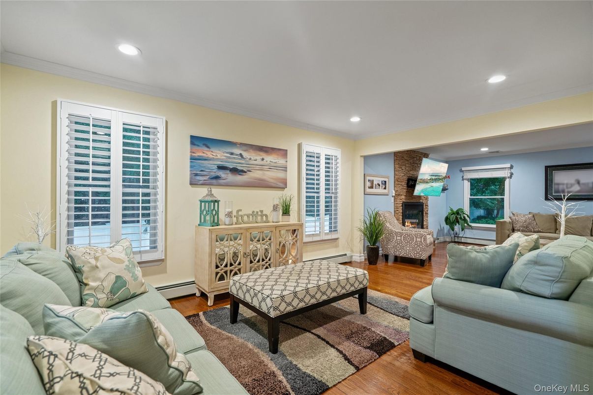 Fireplace, Interior, Living room, Recessed Lighting, Wood Texture Flooring