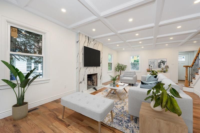 Fireplace, Interior, Living room, Recessed Lighting, Wood Texture Flooring
