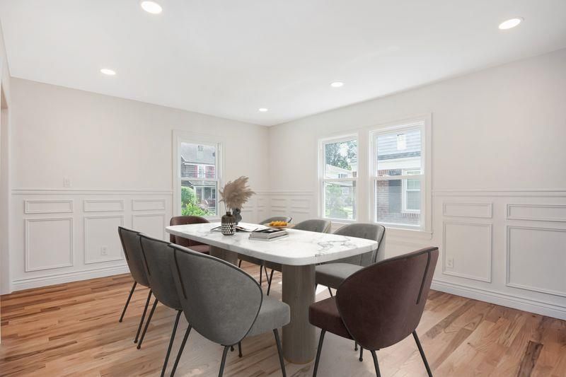 Dining room, Interior, Recessed Lighting, Wood Texture Flooring