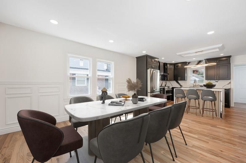 Dining room, Interior, Kitchen, Recessed Lighting, Stainless Steel Appliances, Wood Texture Flooring